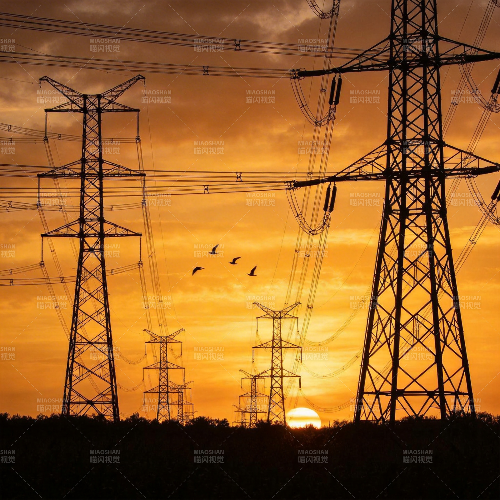 夕阳下的电力塔图片