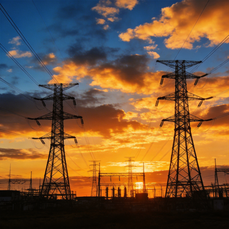 夕阳下的电塔剪影图片
