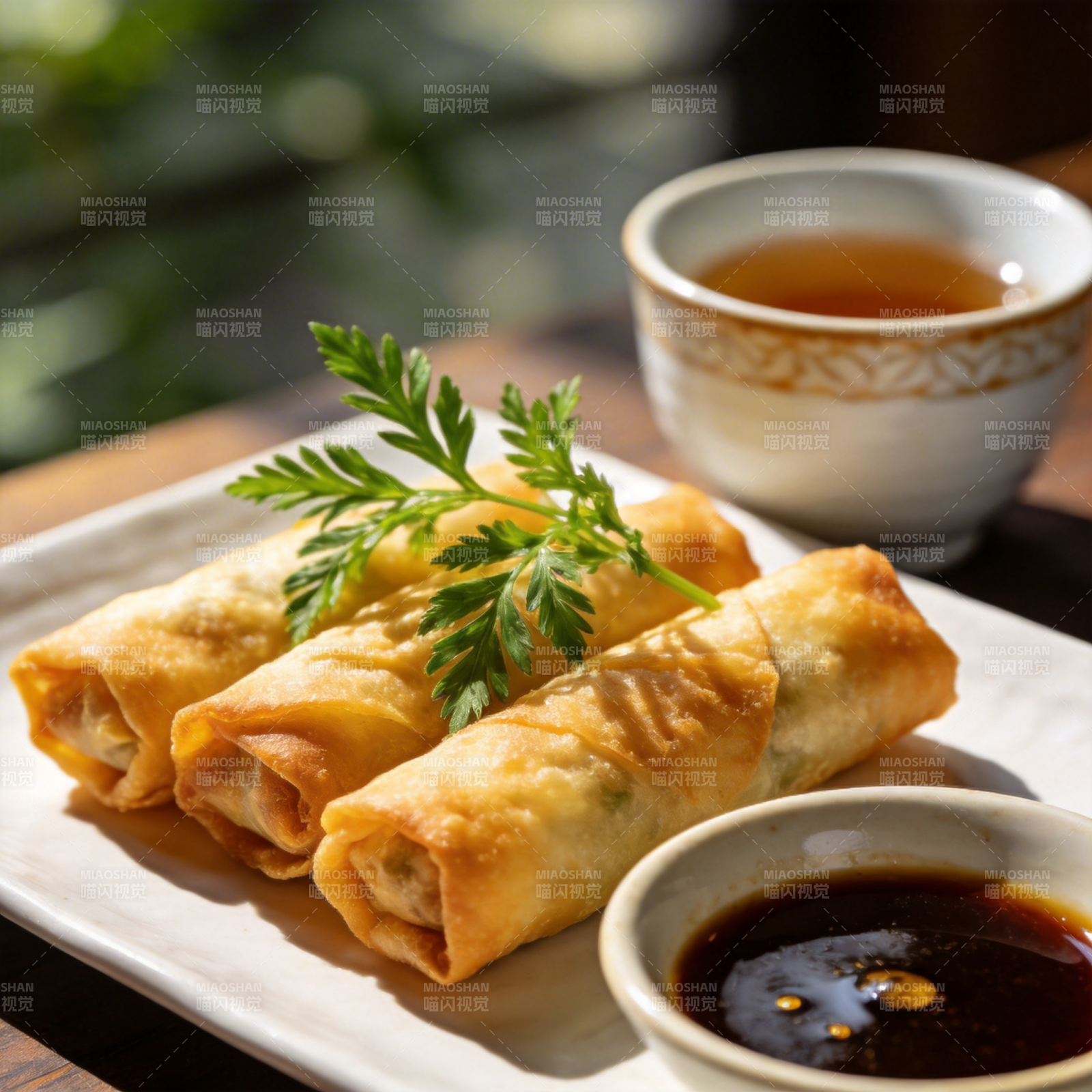 金黄春卷配茶香图片