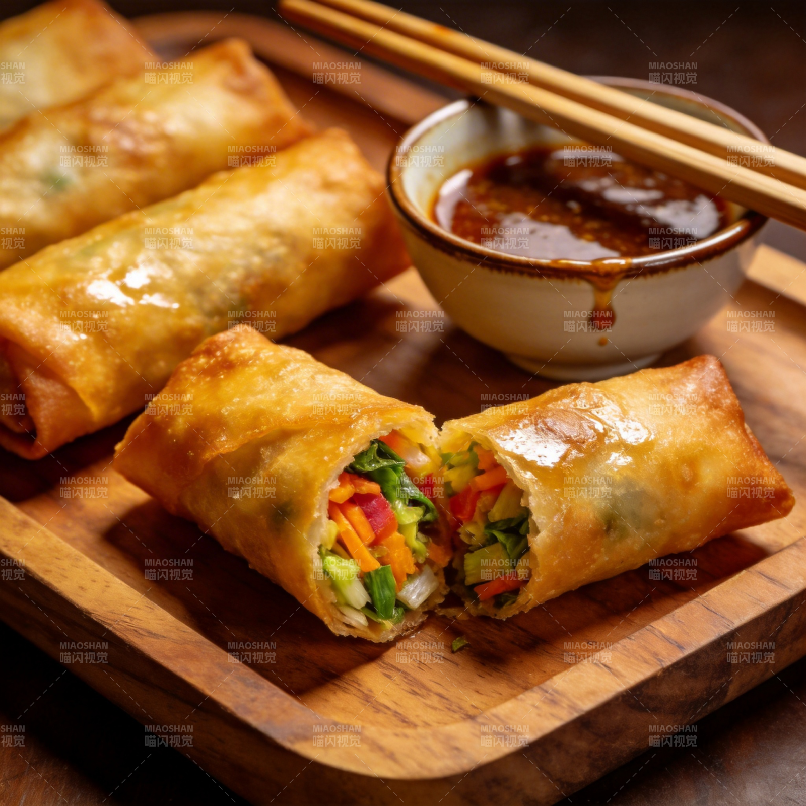 金黄春卷配酱料图片