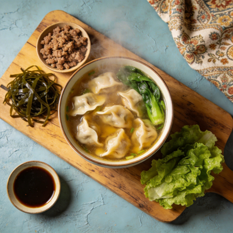 热腾腾的馄饨汤图片