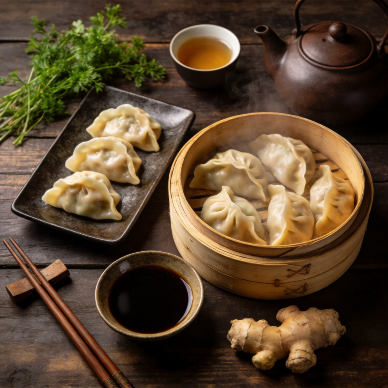 蒸饺配茶香图片