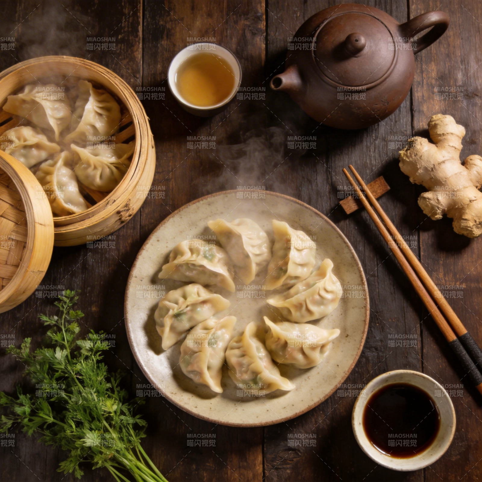 热腾腾的蒸饺宴图片