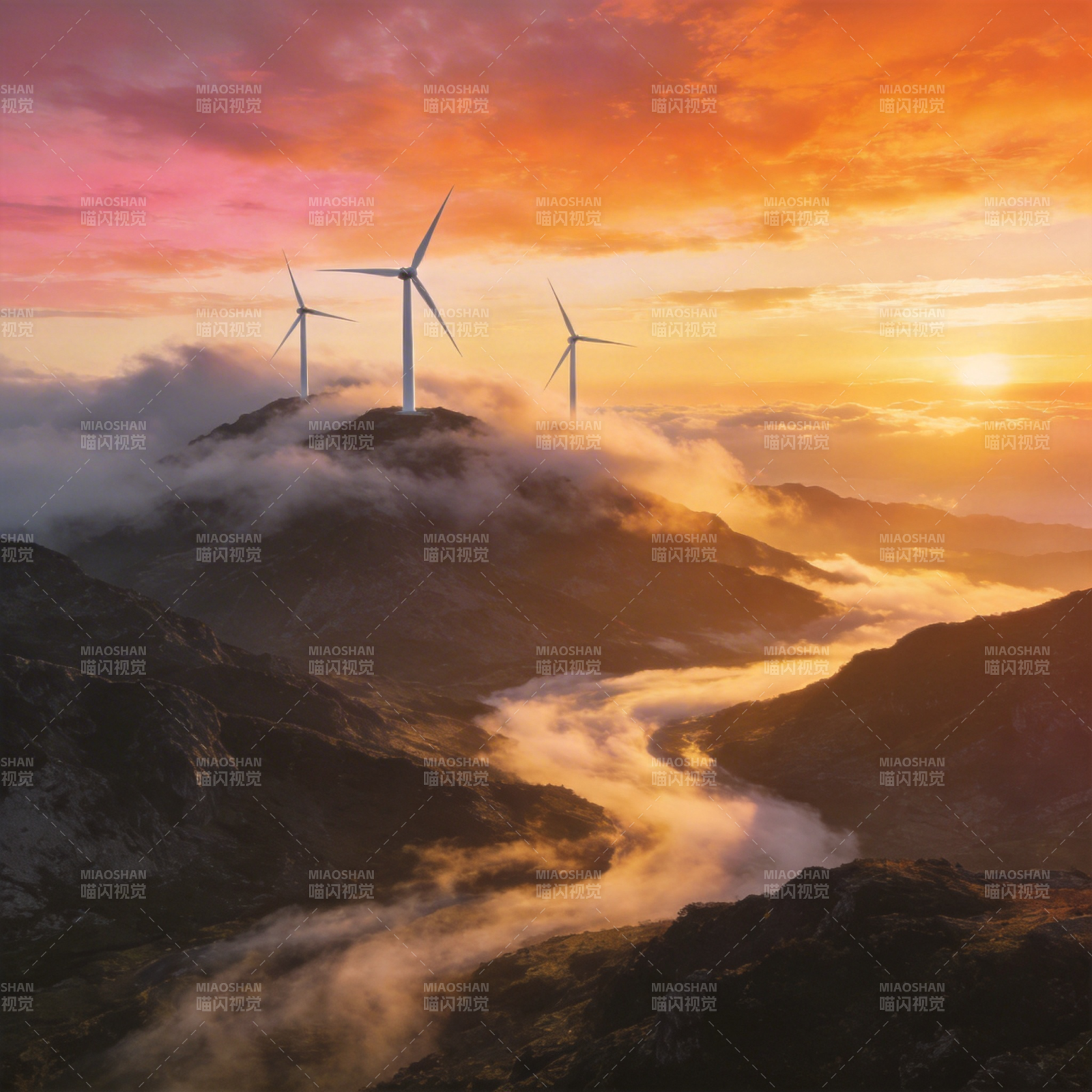 山巅风车迎日出图片