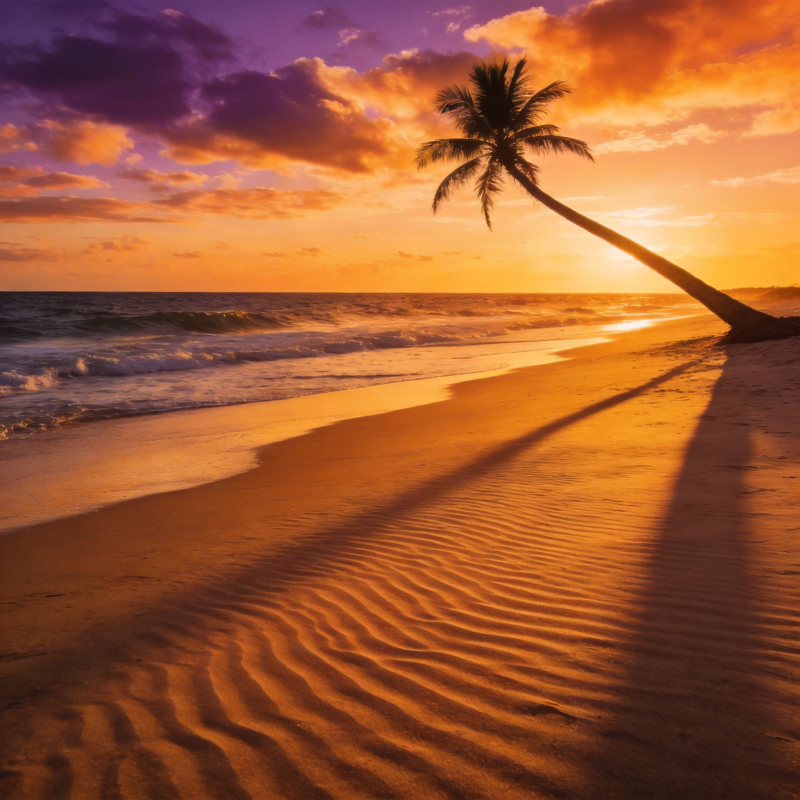 夕阳下的椰林沙滩图片