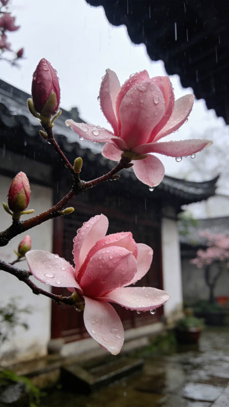 雨中玉兰绽放图片