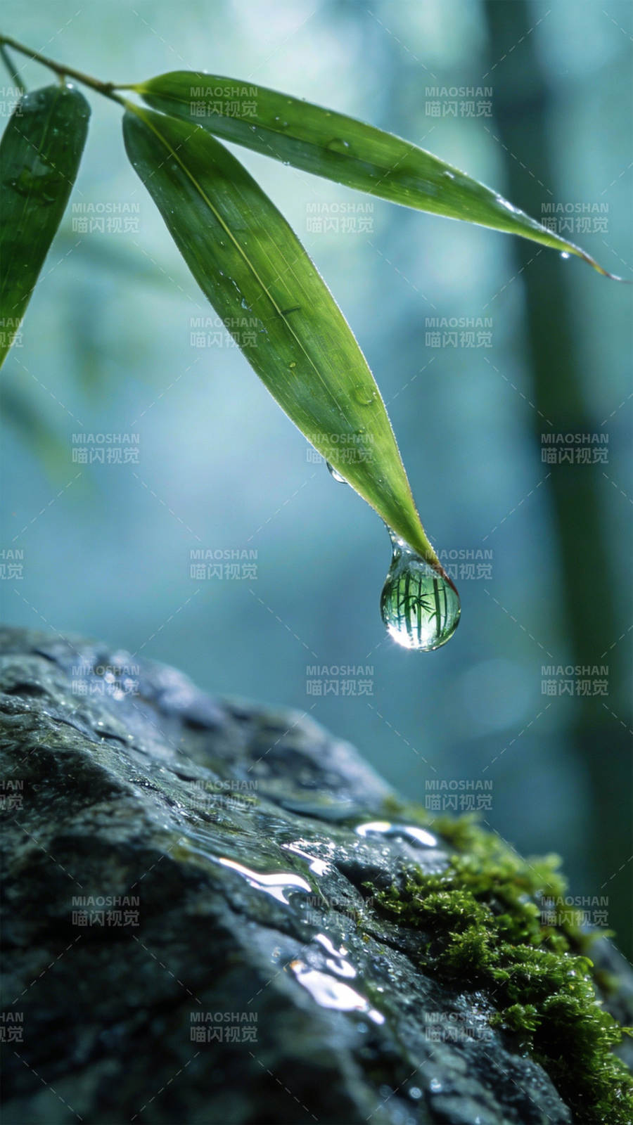 竹叶滴露 石上生绿图片