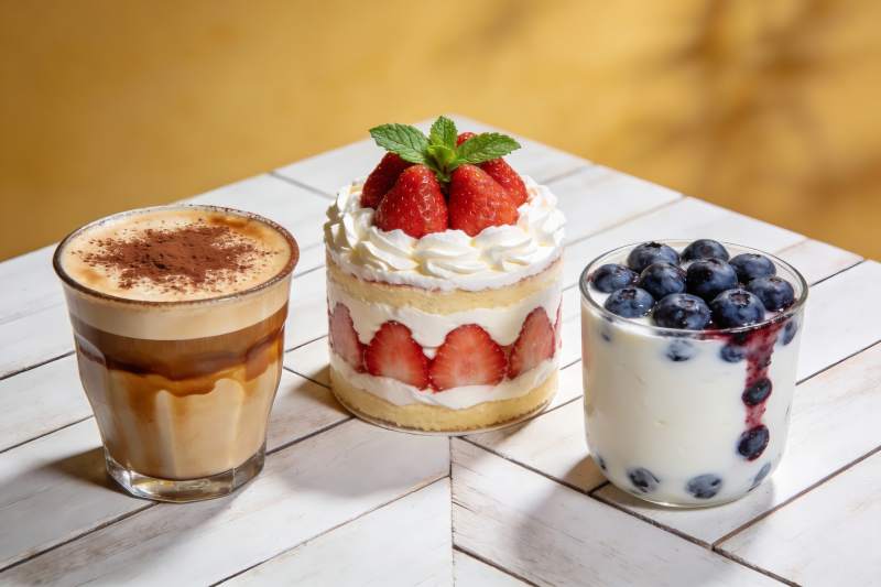 三款精致甜品与饮品图片