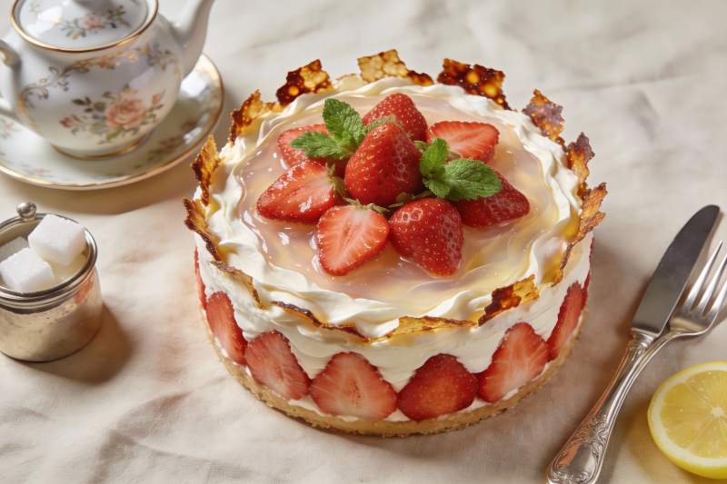 草莓奶油蛋糕配茶具图片