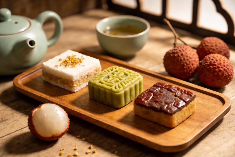 中秋月饼与荔枝茶点图片
