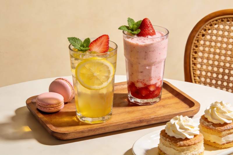 夏日饮品与甜点摆盘图片