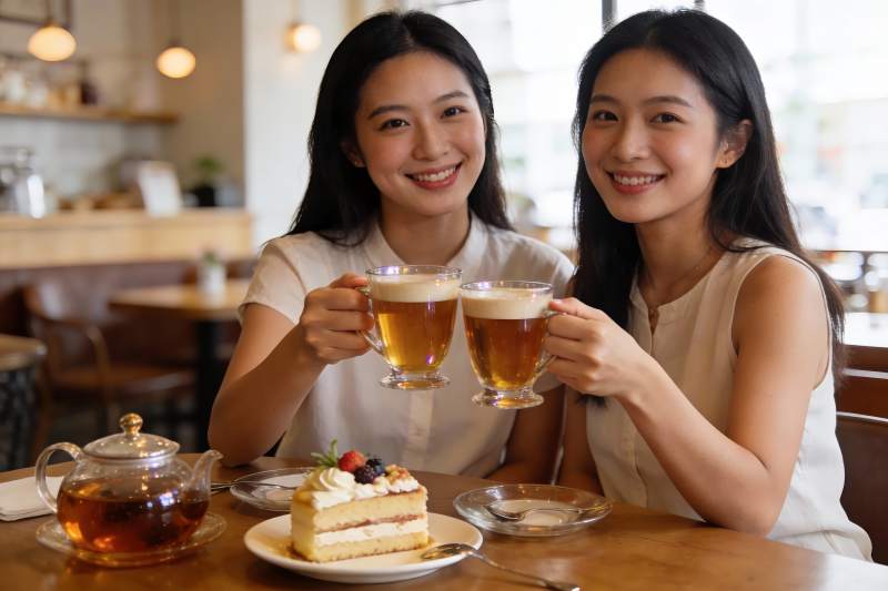 两位女士在咖啡馆举杯庆祝图片