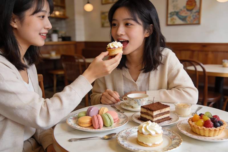 两位女子在咖啡馆分享甜点图片