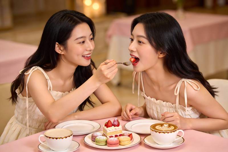 两位美女共进下午茶分享甜点图片
