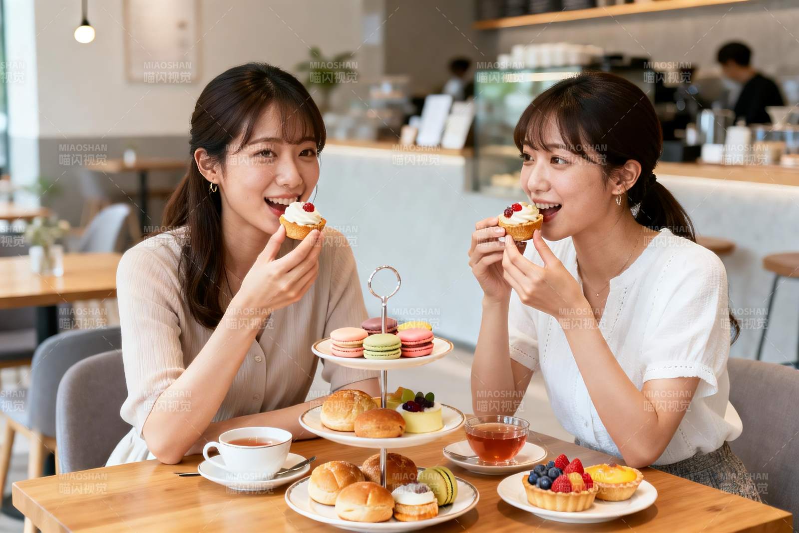 两位女士在咖啡馆享用甜点图片