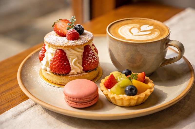 精致甜点与咖啡摆盘图片