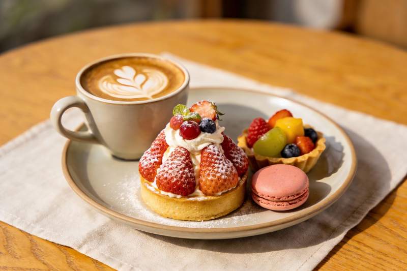 咖啡与甜点精美摆盘图片