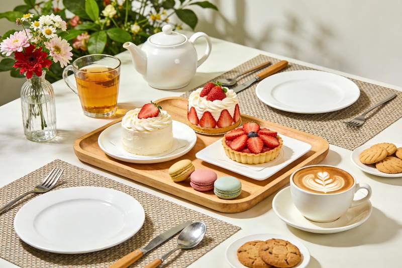 精致下午茶甜点与饮品摆盘图片