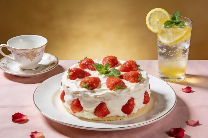 草莓奶油蛋糕配柠檬饮品图片