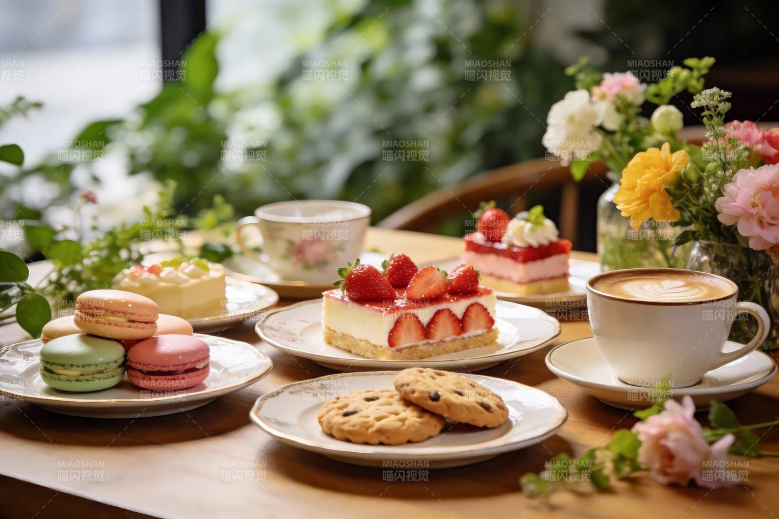精致下午茶甜点与鲜花图片