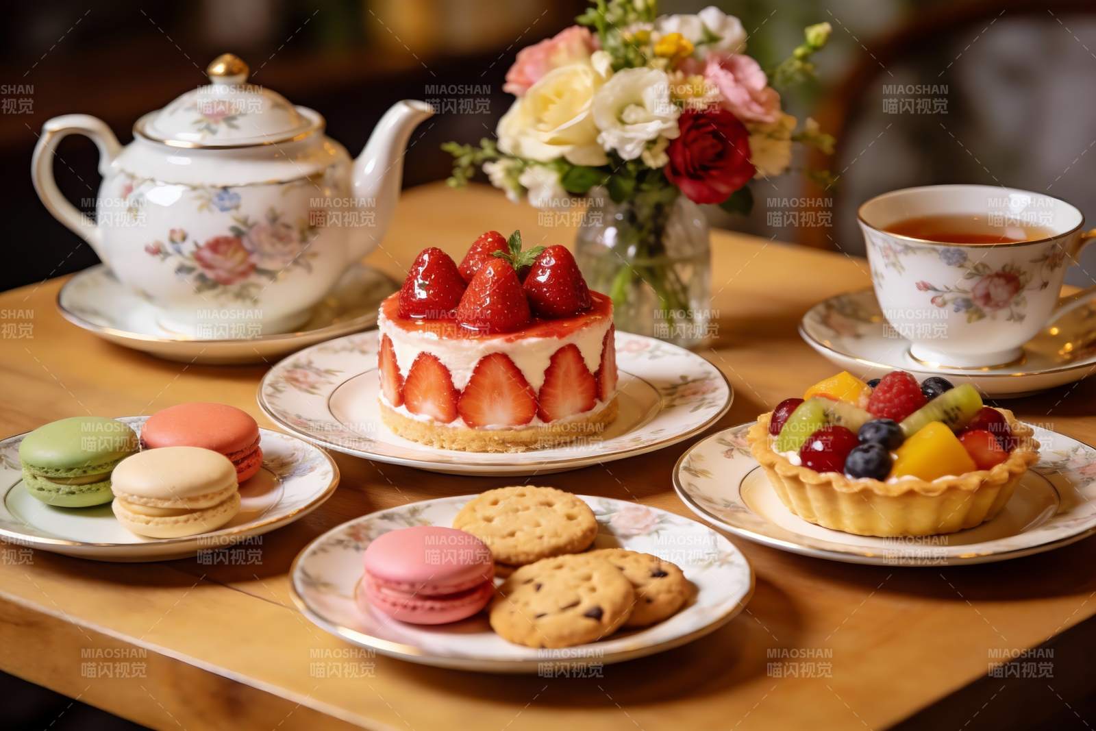精致下午茶甜点与茶具摆盘图片