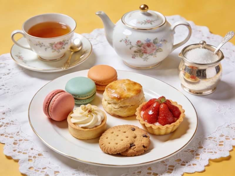 精致下午茶点心与茶具摆盘图片