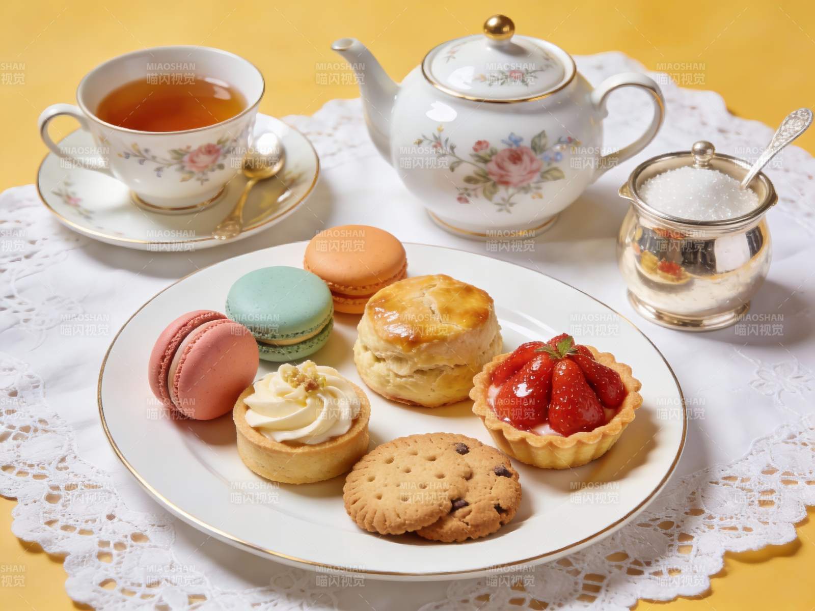 精致下午茶点心与茶具摆盘图片