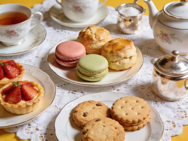 精致下午茶点心与茶具摆拍图片