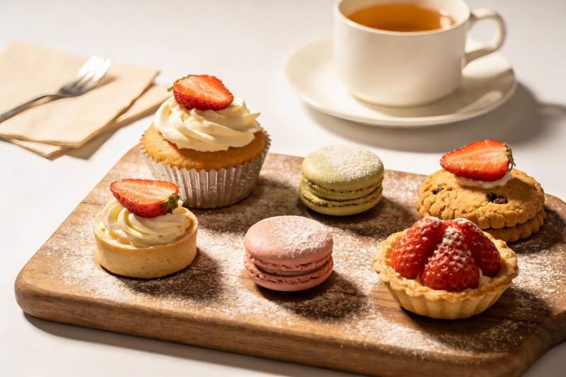 精致甜点与茶饮摆盘图片