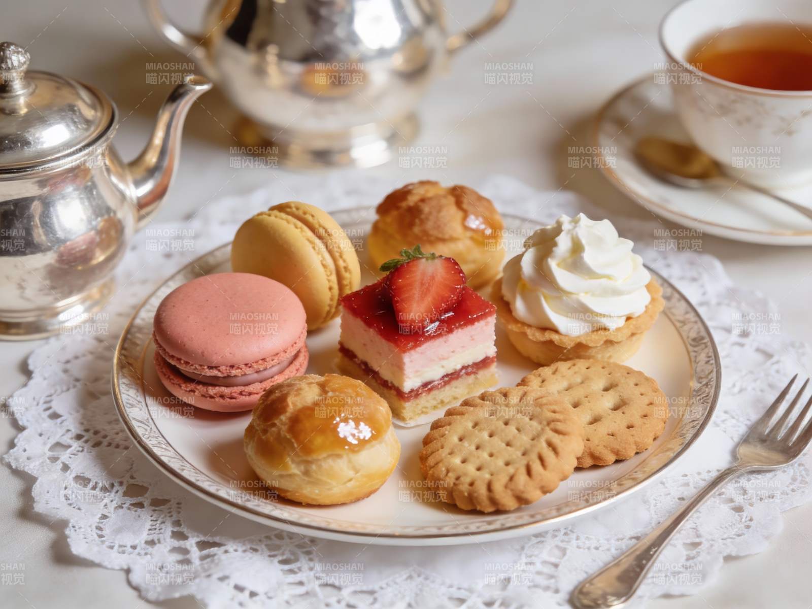 精致下午茶甜点与茶具图片