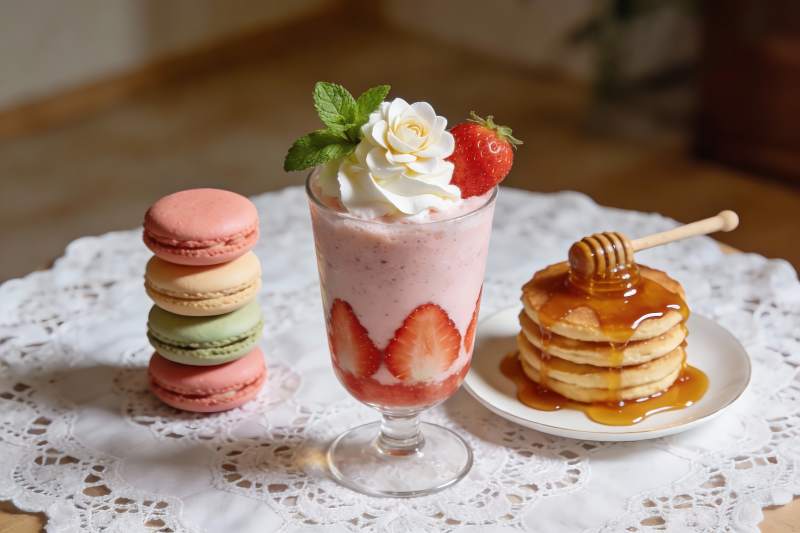 草莓甜品与马卡龙精美摆盘图片