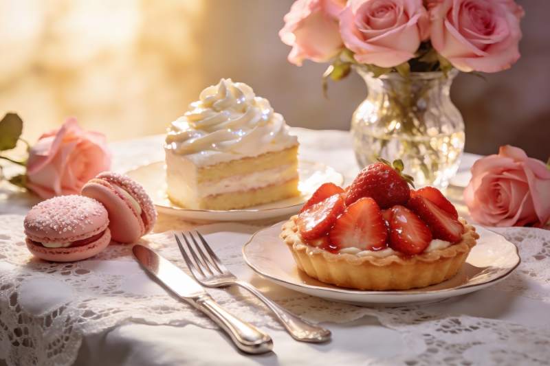 精致甜点与玫瑰花摆拍图片