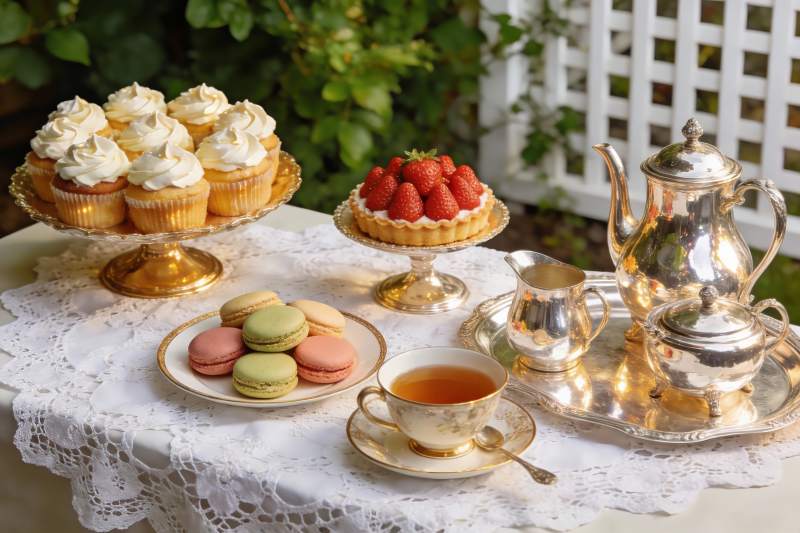 精致下午茶甜点与茶具摆盘图片