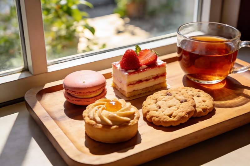 窗边下午茶甜点与红茶图片