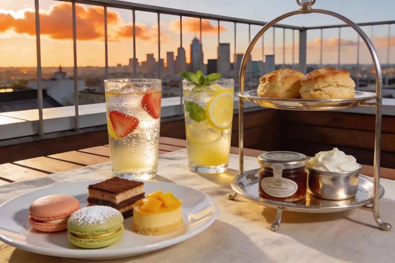 阳台下午茶城市日落美景图片