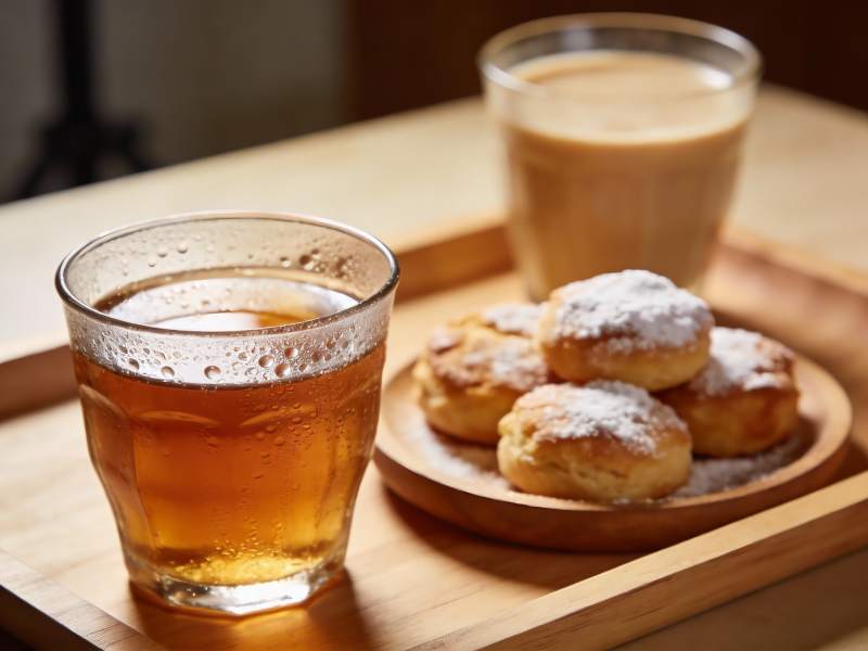 木质托盘上的饮品与点心图片