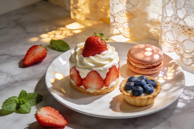 阳光下的草莓甜点与蓝莓挞图片