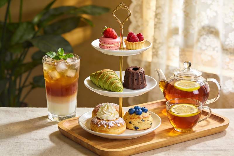 精致下午茶甜点与饮品图片