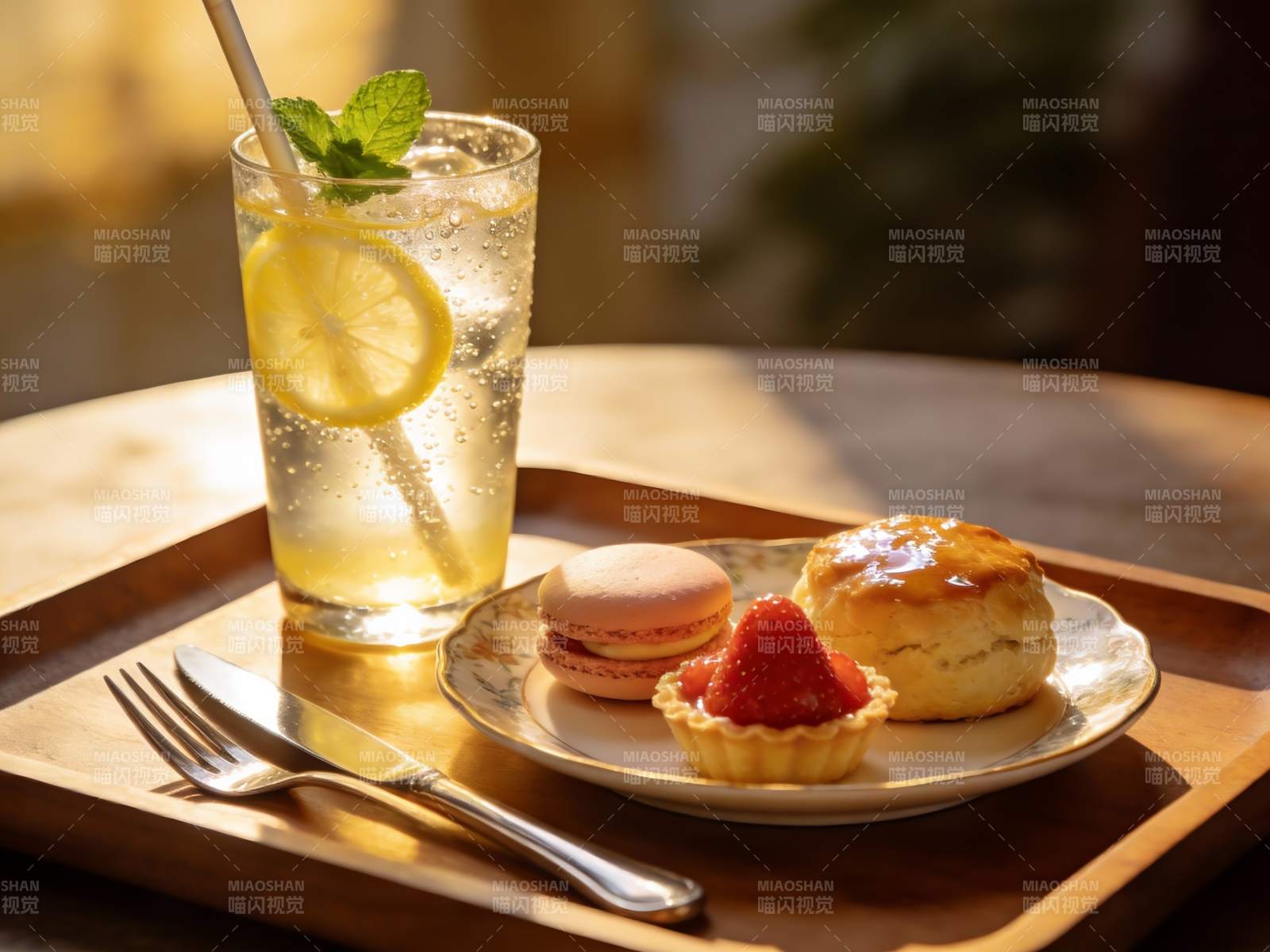 阳光下午茶柠檬饮品与甜点图片