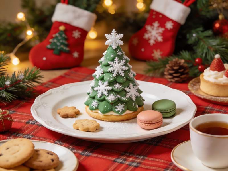 圣诞树造型甜点与节日装饰图片