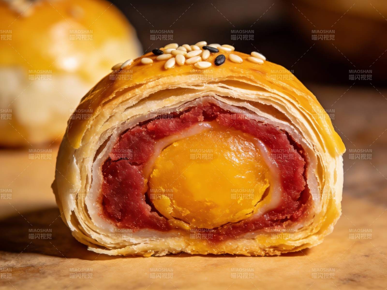 金黄酥皮蛋黄豆沙月饼图片