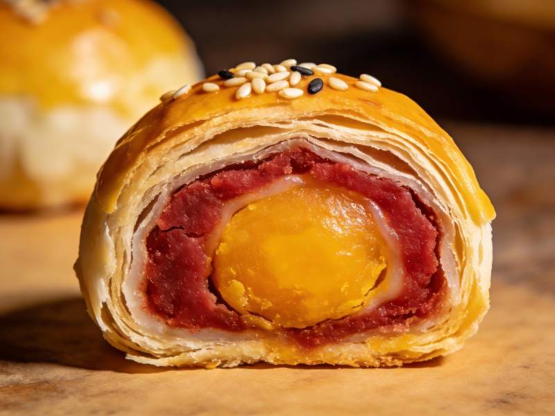 金黄酥皮蛋黄豆沙月饼图片