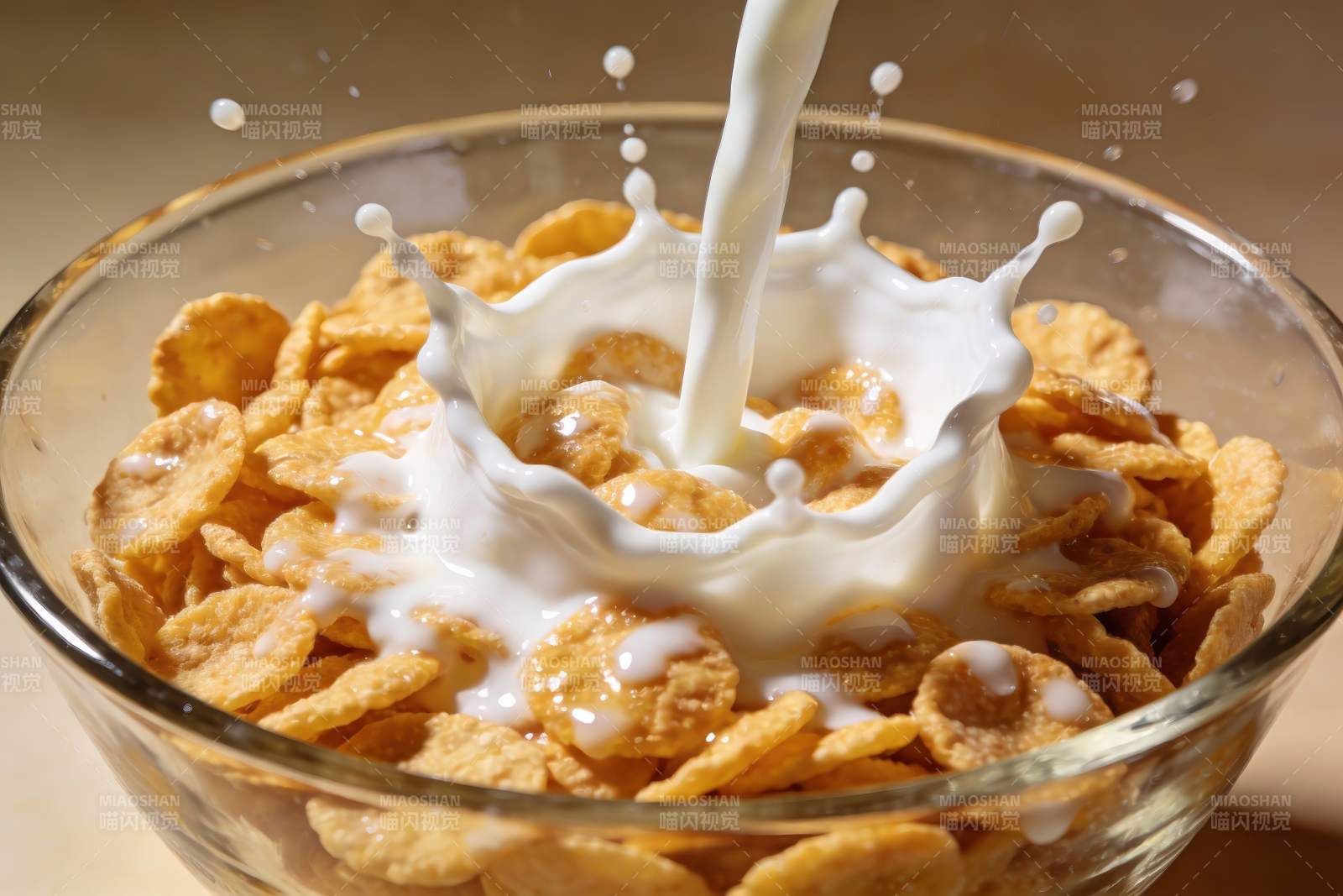 牛奶倒入玉米片碗中溅起浪花图片