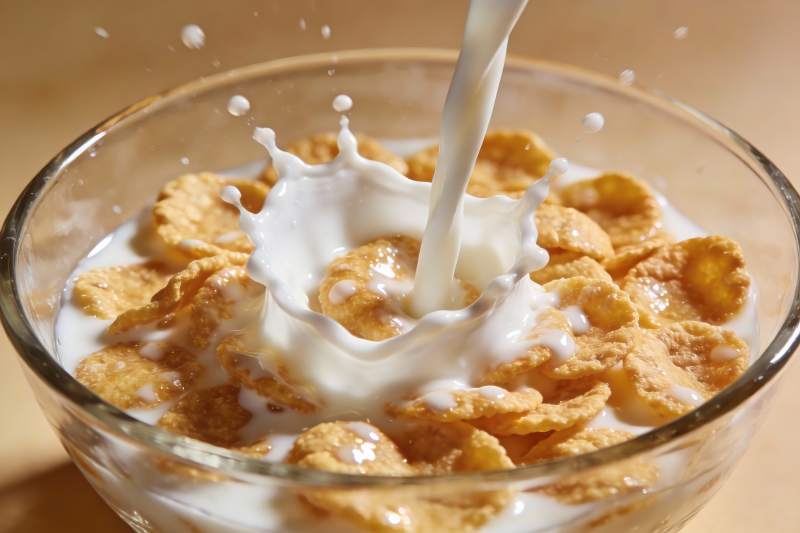 牛奶倒入麦片碗溅起水花图片