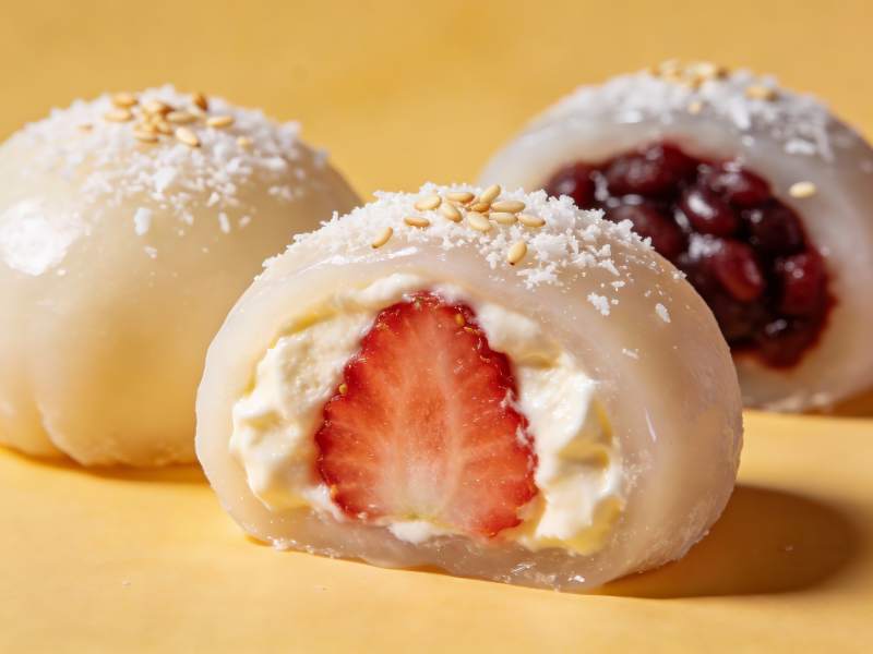 草莓红豆糯米团特写图片