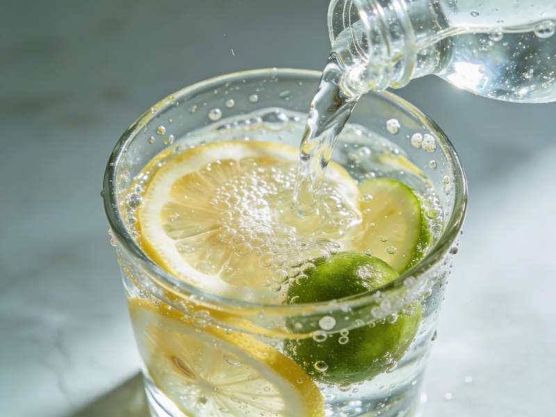 柠檬青柠气泡水倒入杯中图片