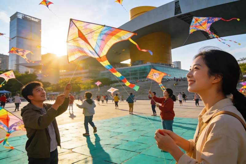 阳光下广场放风筝欢乐场景图片