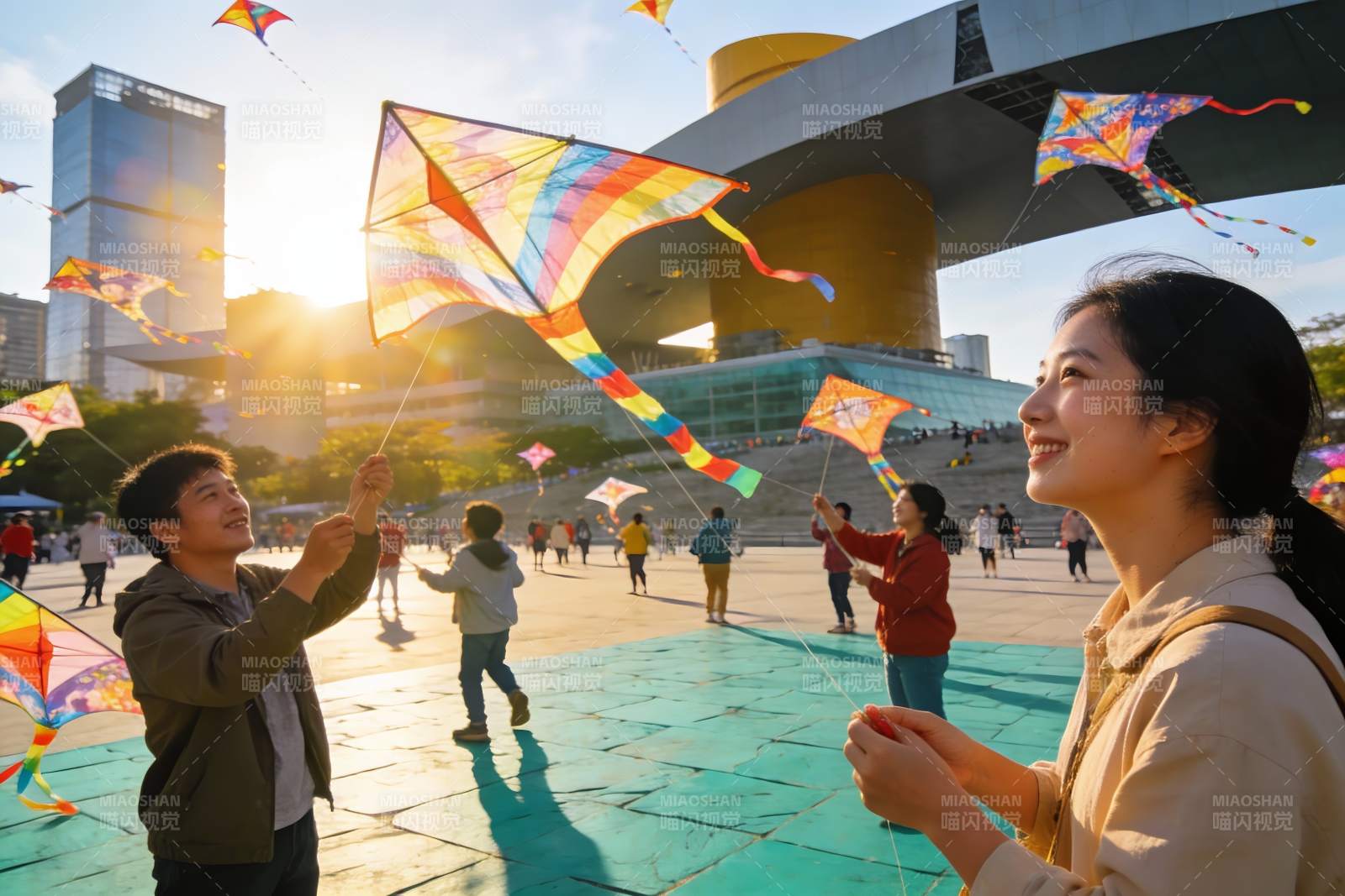 阳光下广场放风筝欢乐场景图片