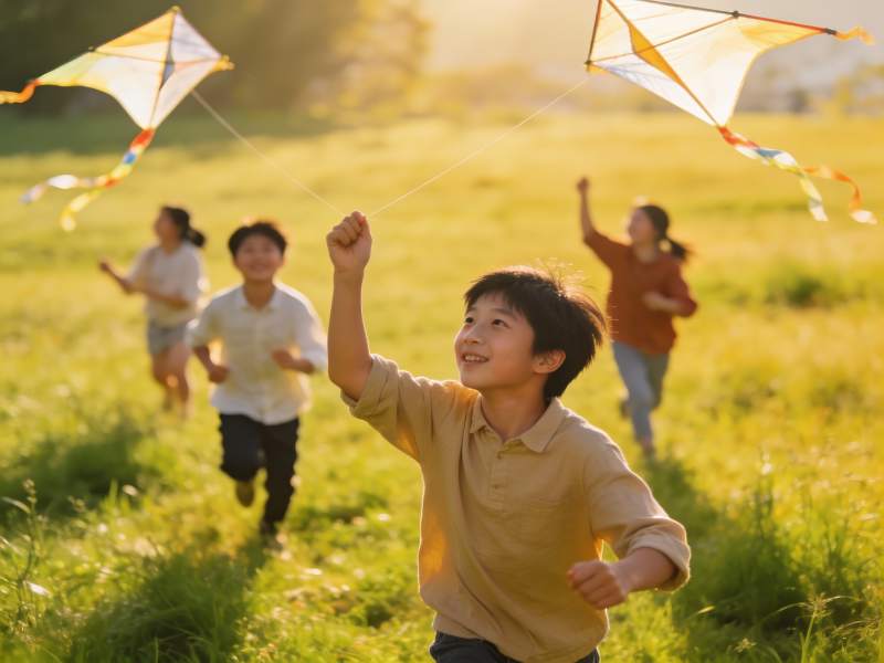 儿童草地上放风筝欢乐场景图片