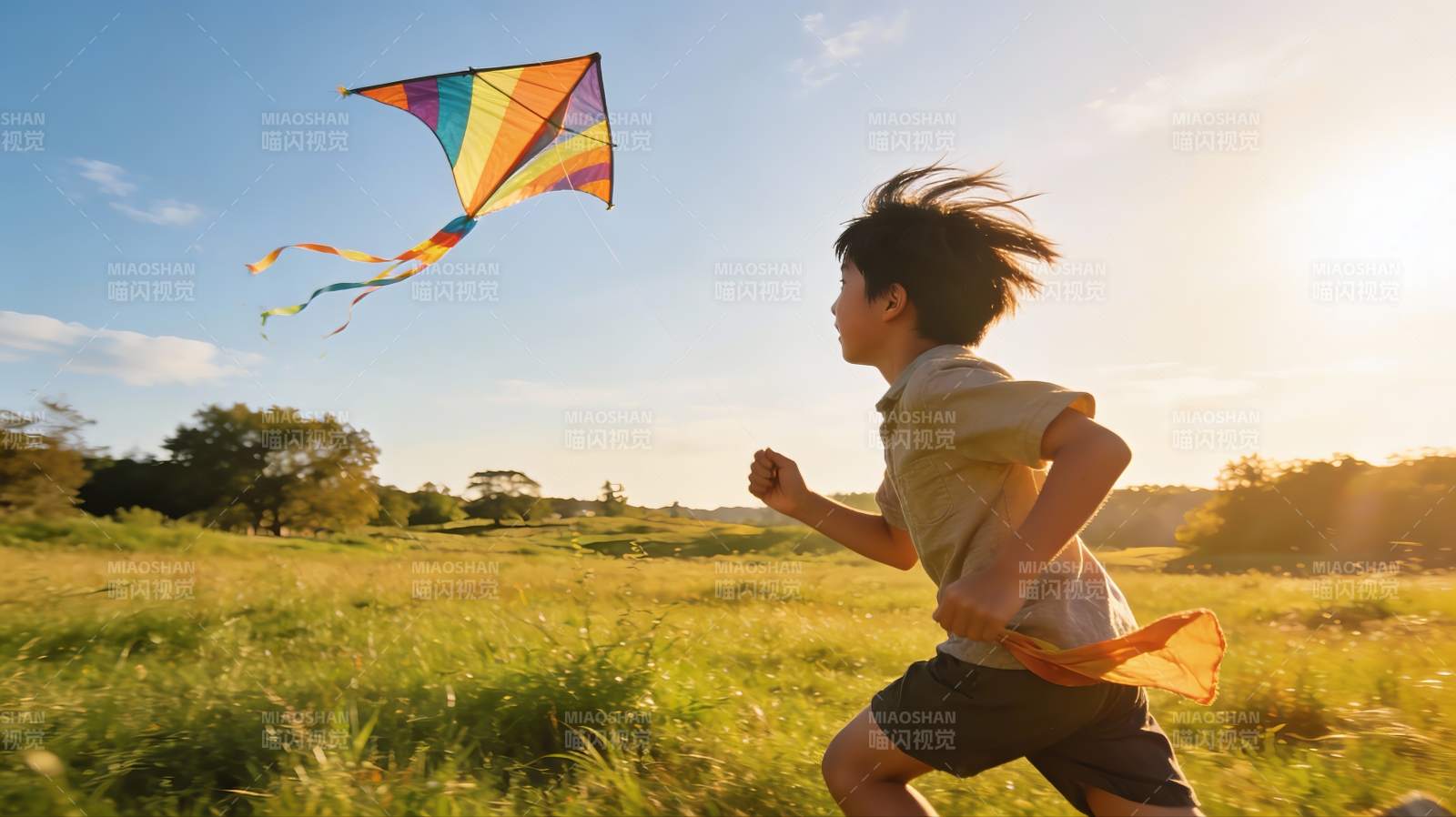 男孩田野放风筝图片